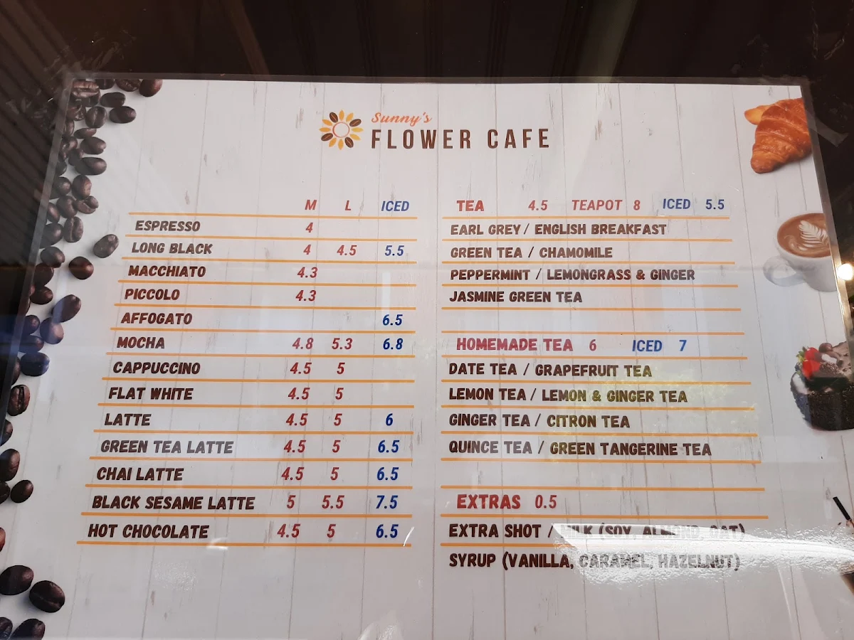 Menu, Sunny’s Flower Cafe Lidcombe