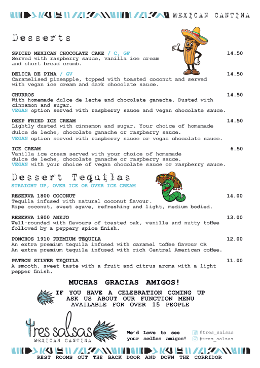 Menu, Tres Salsas - Mexican Restaurant Cantina