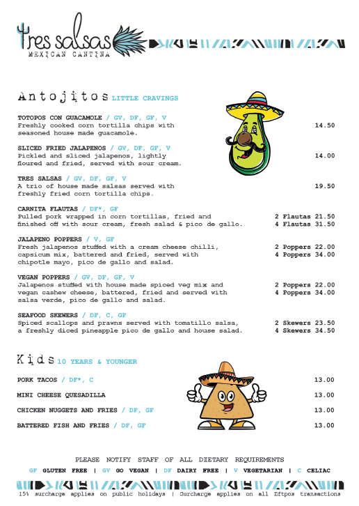 Menu, Tres Salsas - Mexican Restaurant Cantina