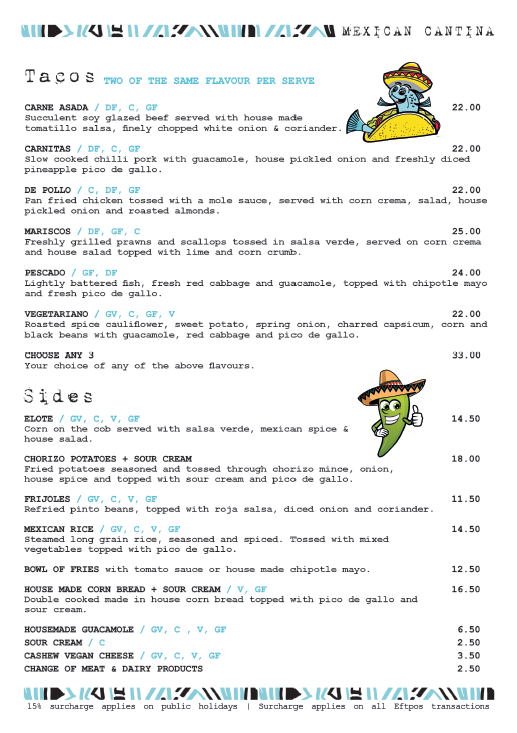 Menu, Tres Salsas - Mexican Restaurant Cantina