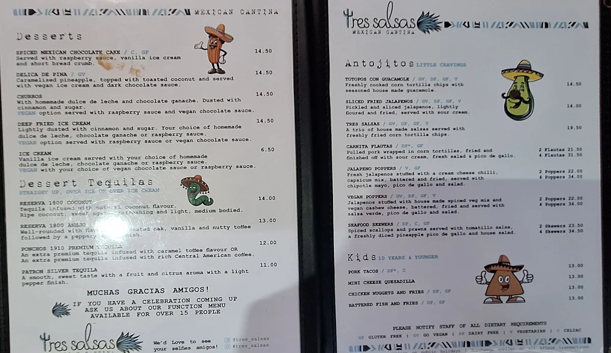 Menu, Tres Salsas - Mexican Restaurant Cantina