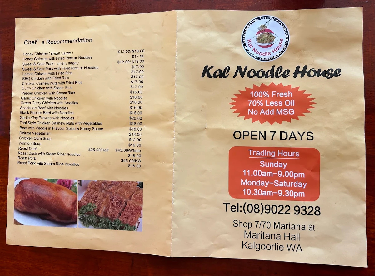 Menu, Kal Noodle House