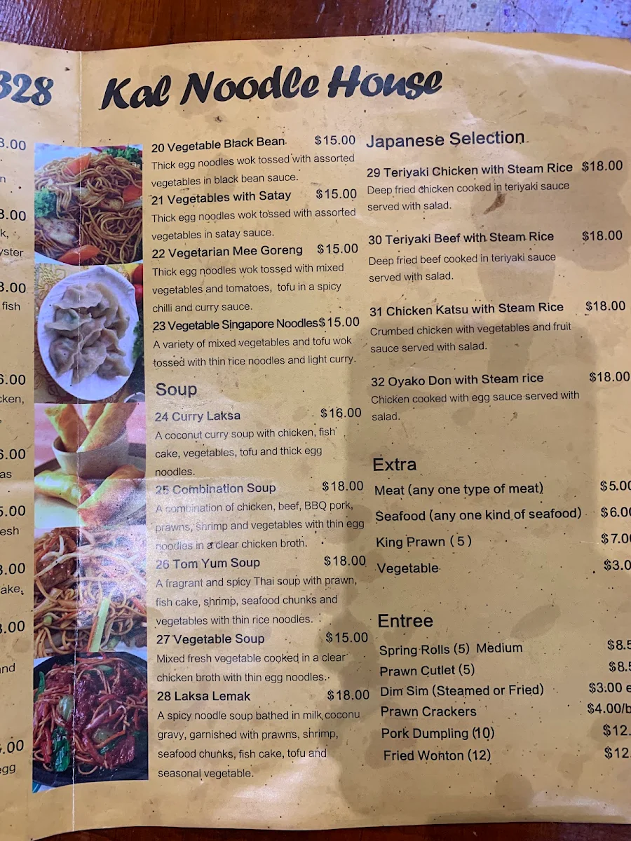 Menu, Kal Noodle House