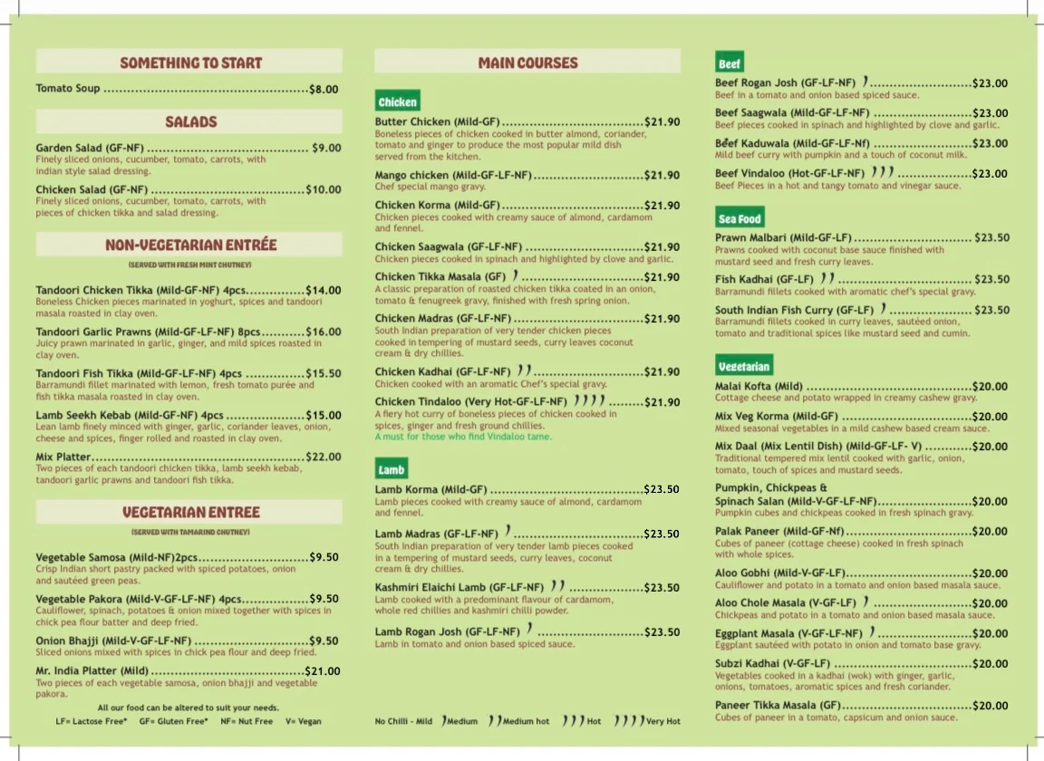 Menu, Mr India Restaurant