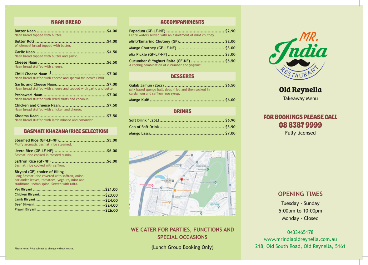 Menu, Mr India Restaurant