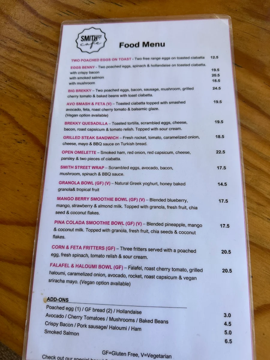 Menu, Smith Street Cafe