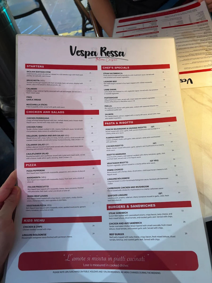 Menu, Vespa Rossa Degraves
