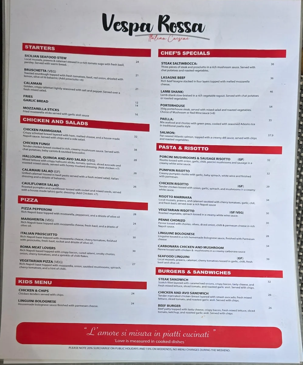 Menu, Vespa Rossa Degraves