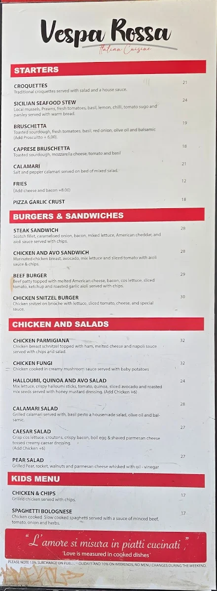 Menu, Vespa Rossa Degraves