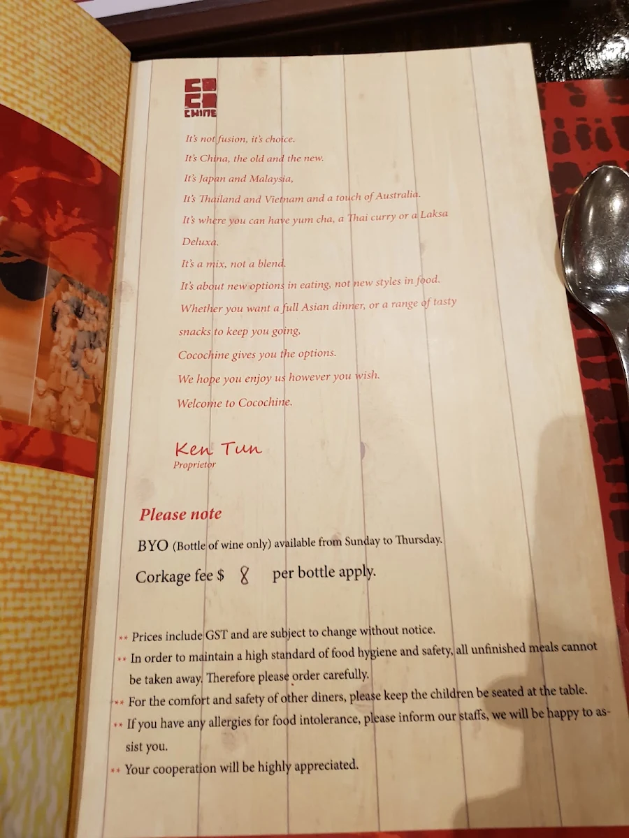 Menu, Cocochine Point Cook