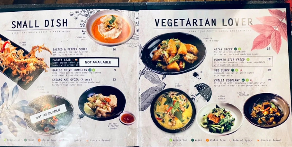Menu, Kinn Thai North Lakes