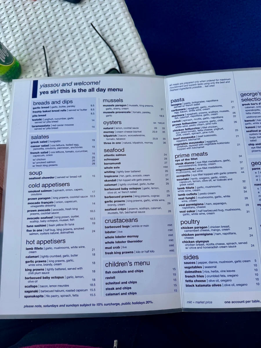 Menu, George's Paragon Mt Tamborine