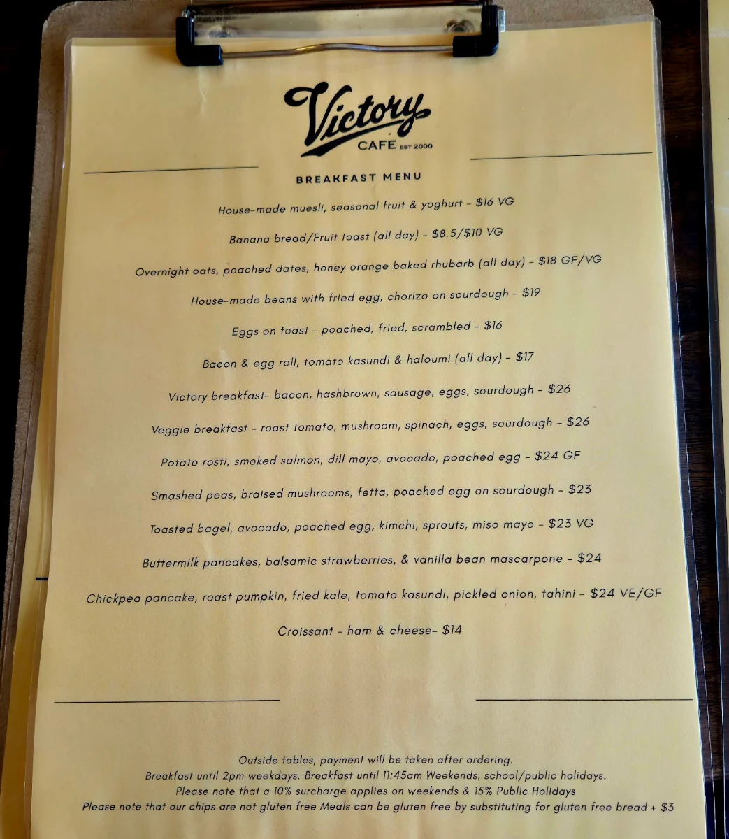 Menu, Victory Cafe