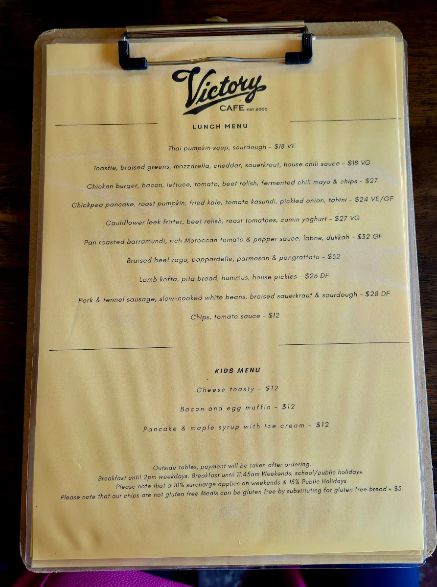 Menu, Victory Cafe