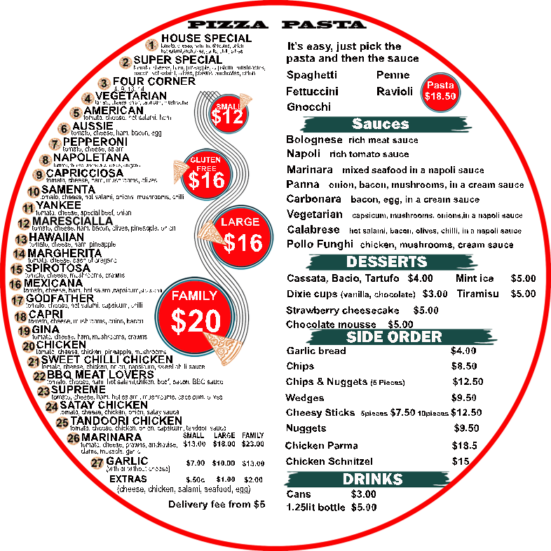 Menu, Slice it Pizza & Pasta