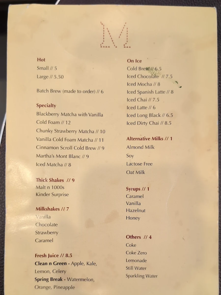 Menu, Martha’s