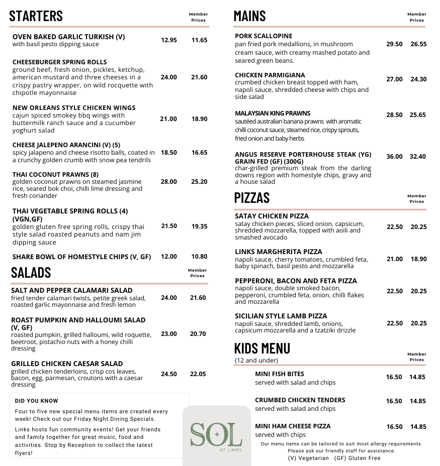 Menu, SOL at Links