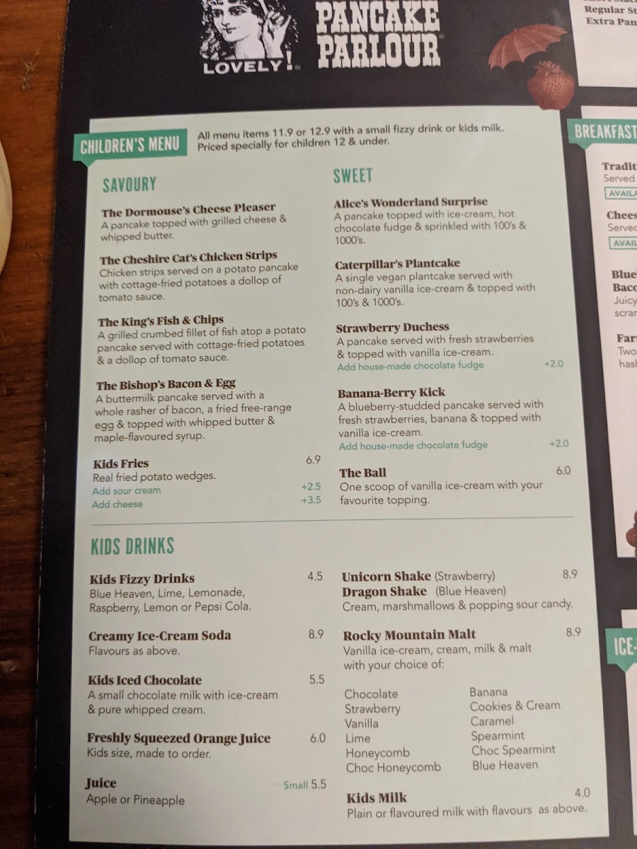 Menu, The Pancake Parlour Northland
