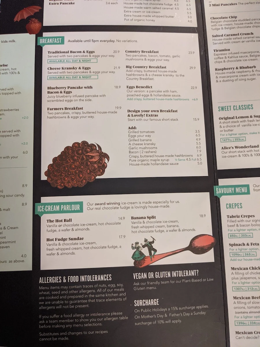 Menu, The Pancake Parlour Northland