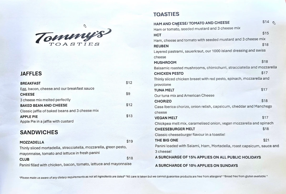 Menu, Tommy's Toasties