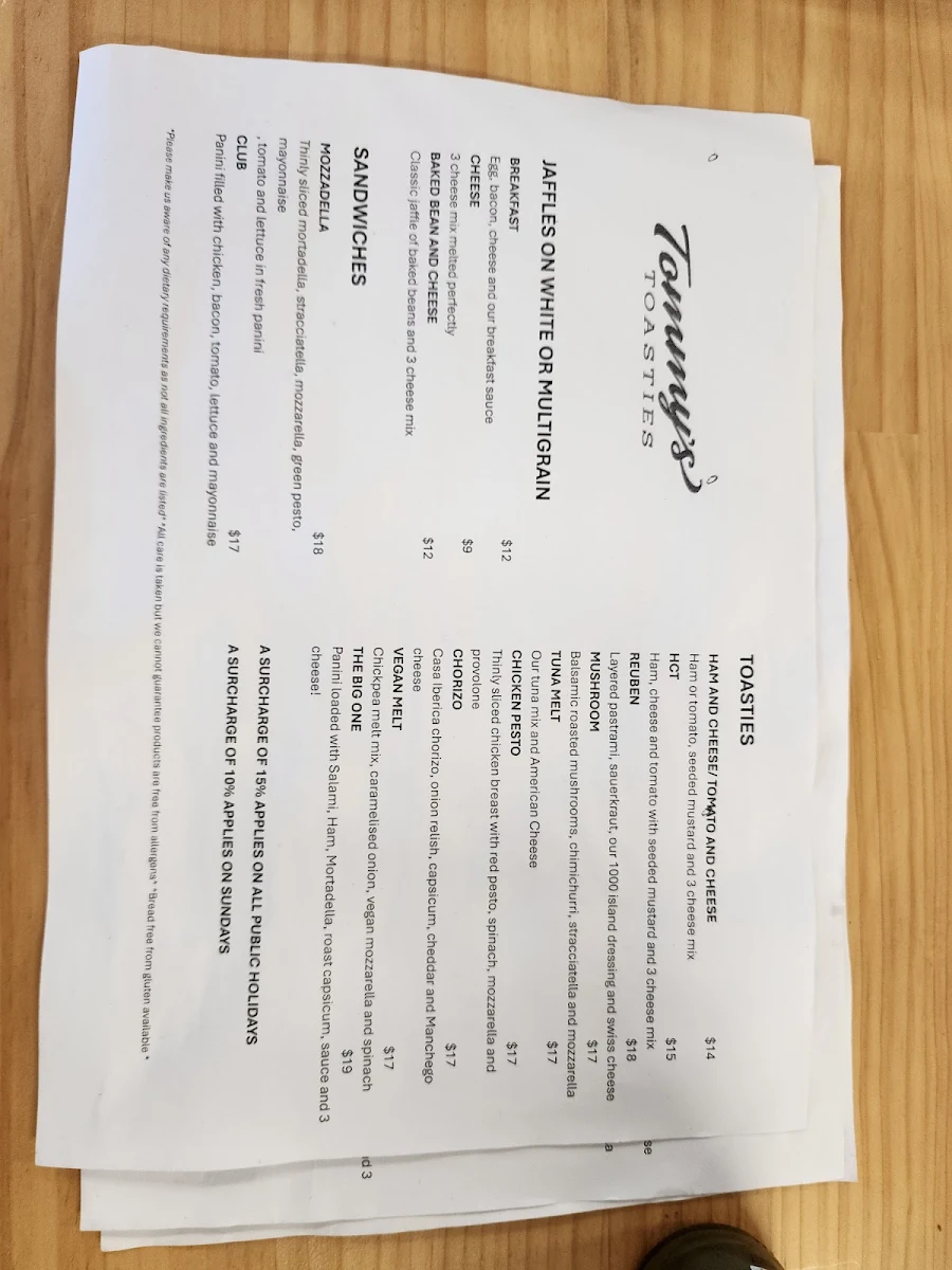 Menu, Tommy's Toasties