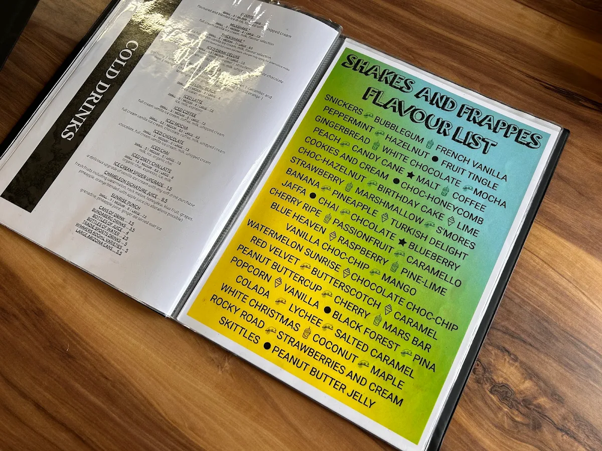 Menu, Chameleon Cafe and Takeaway