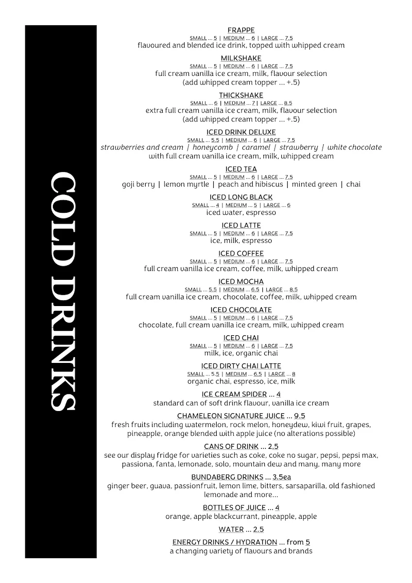Menu, Chameleon Cafe and Takeaway