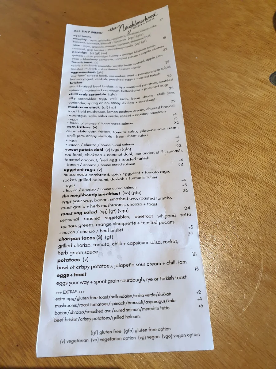 Menu, The Neighbourhood Kitchen, Coffee & Bottle Shop