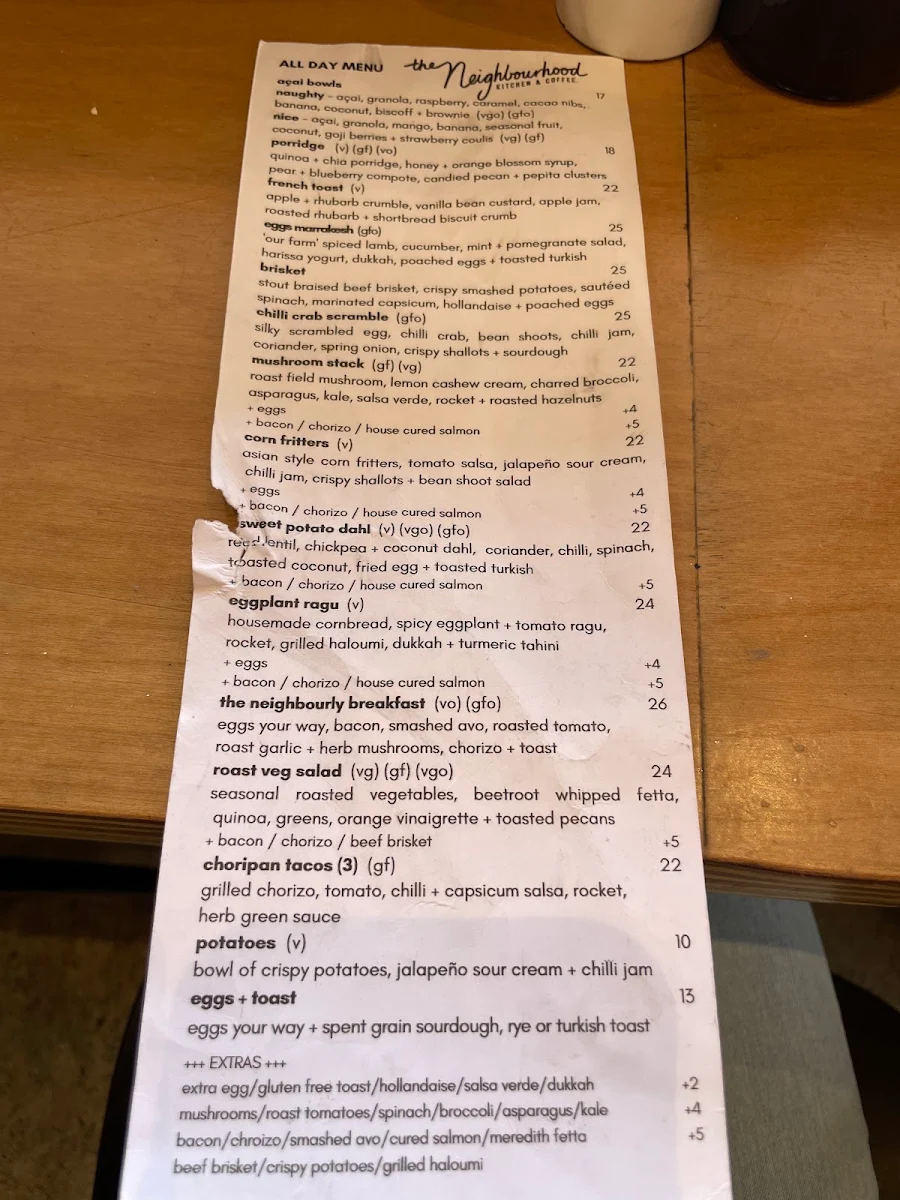 Menu, The Neighbourhood Kitchen, Coffee & Bottle Shop