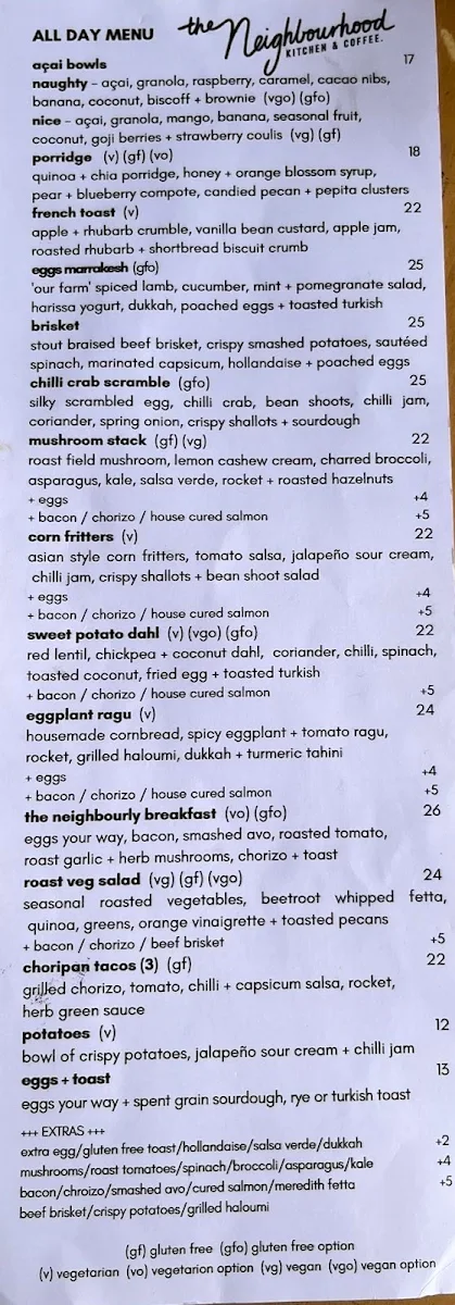 Menu, The Neighbourhood Kitchen, Coffee & Bottle Shop