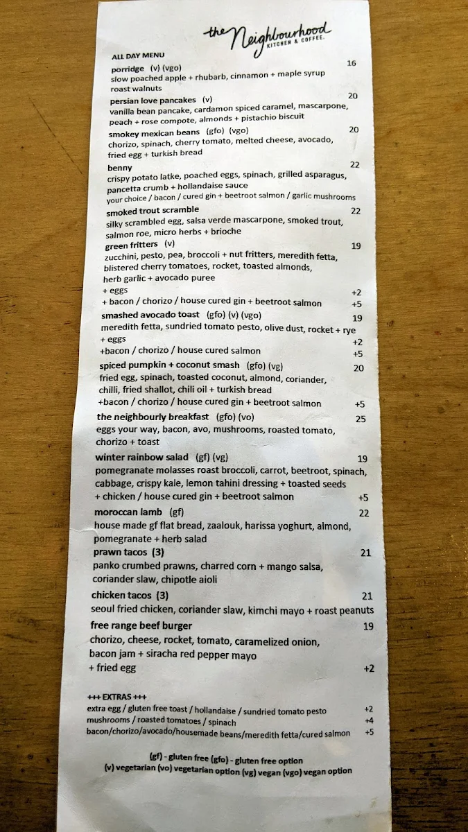 Menu, The Neighbourhood Kitchen, Coffee & Bottle Shop