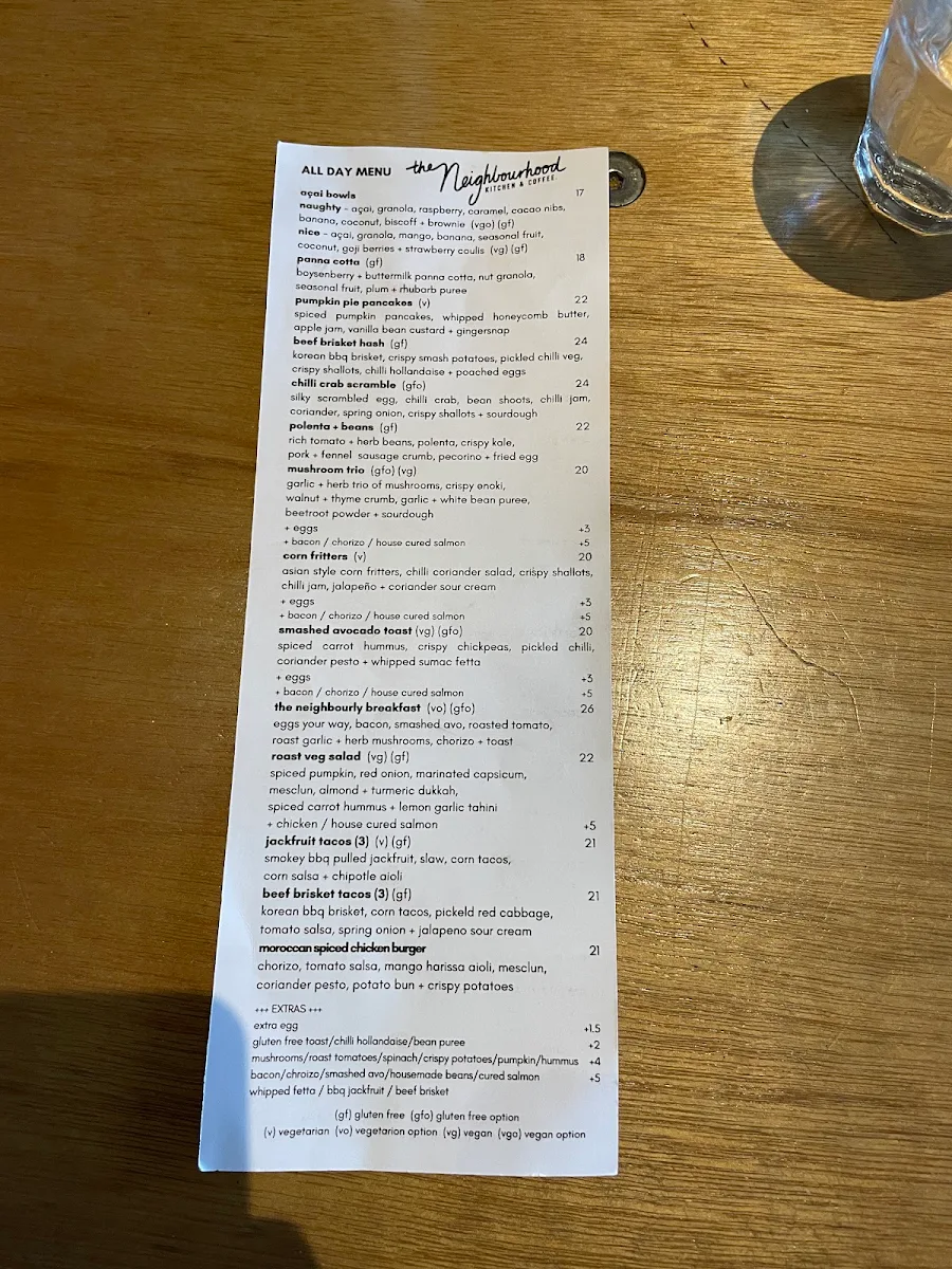 Menu, The Neighbourhood Kitchen, Coffee & Bottle Shop