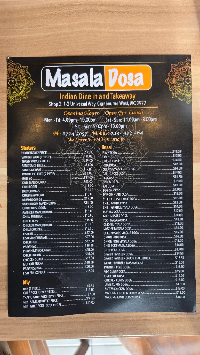 Menu, Masala Dosa - Cranbourne West