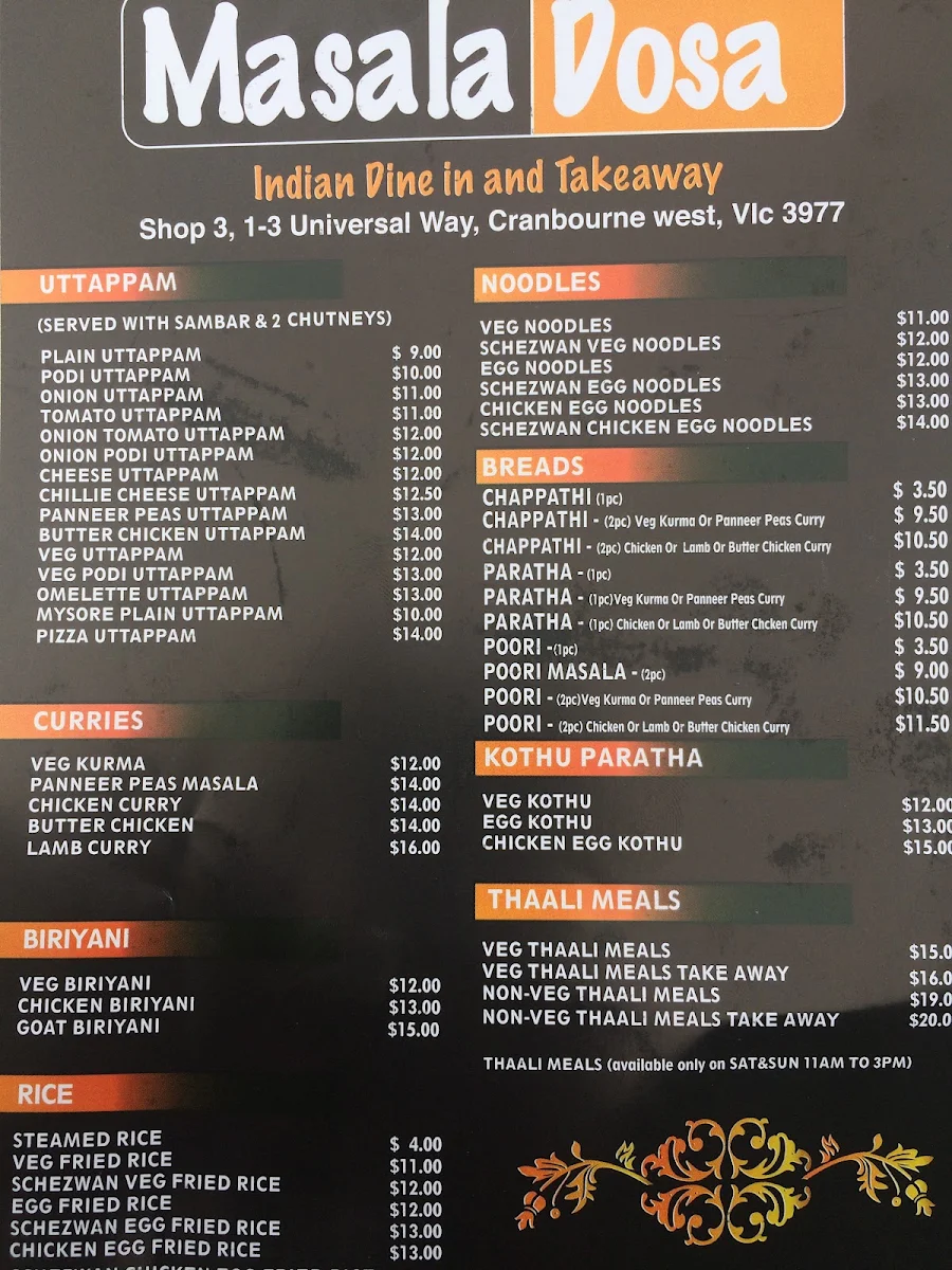 Menu, Masala Dosa - Cranbourne West