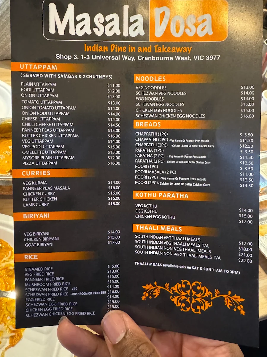 Menu, Masala Dosa - Cranbourne West
