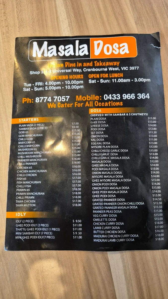 Menu, Masala Dosa - Cranbourne West