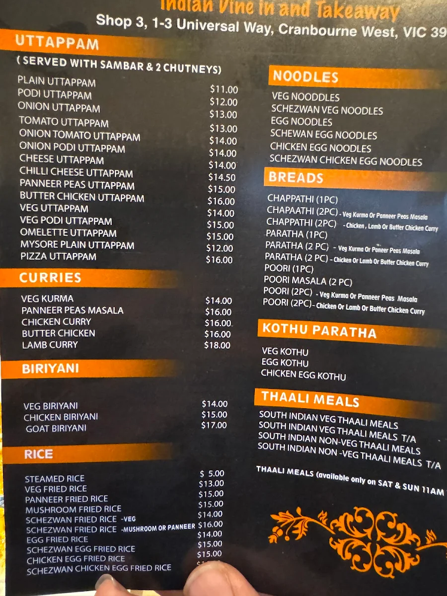 Menu, Masala Dosa - Cranbourne West