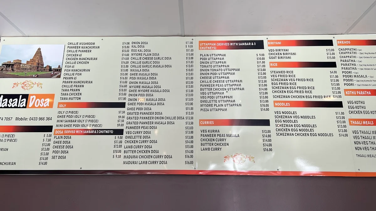 Menu, Masala Dosa - Cranbourne West
