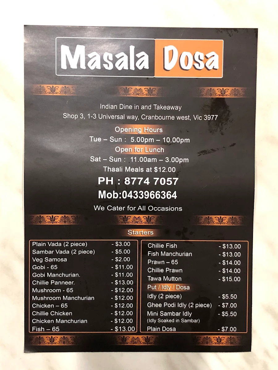 Menu, Masala Dosa - Cranbourne West