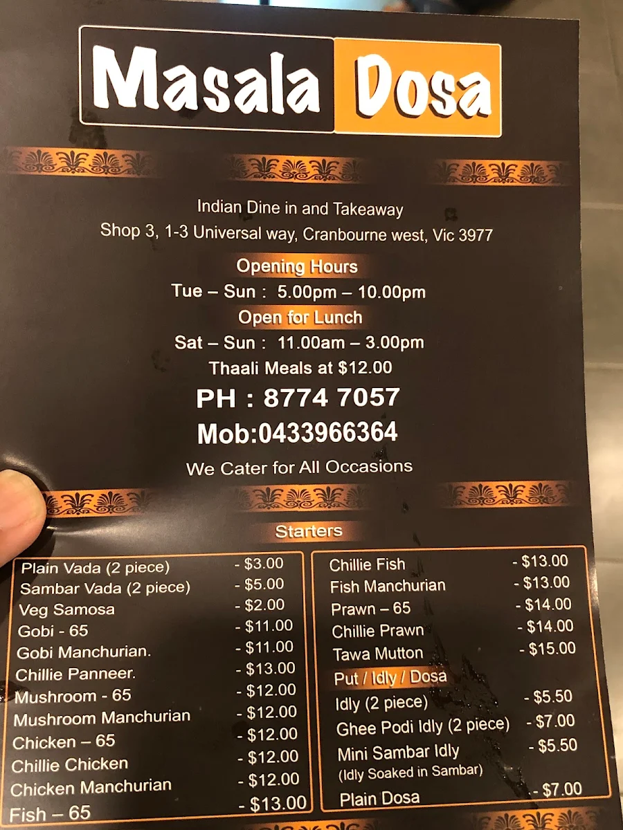 Menu, Masala Dosa - Cranbourne West