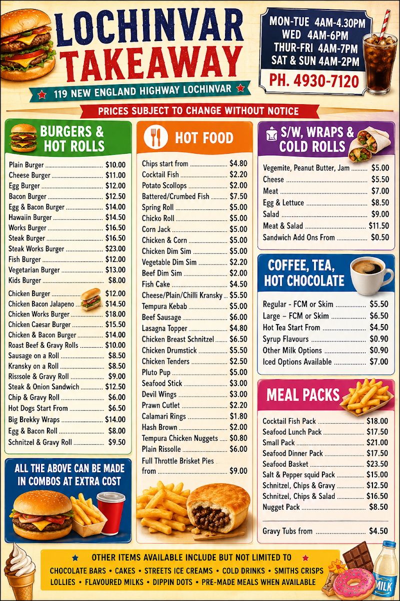 Menu, Lochinvar Takeaway