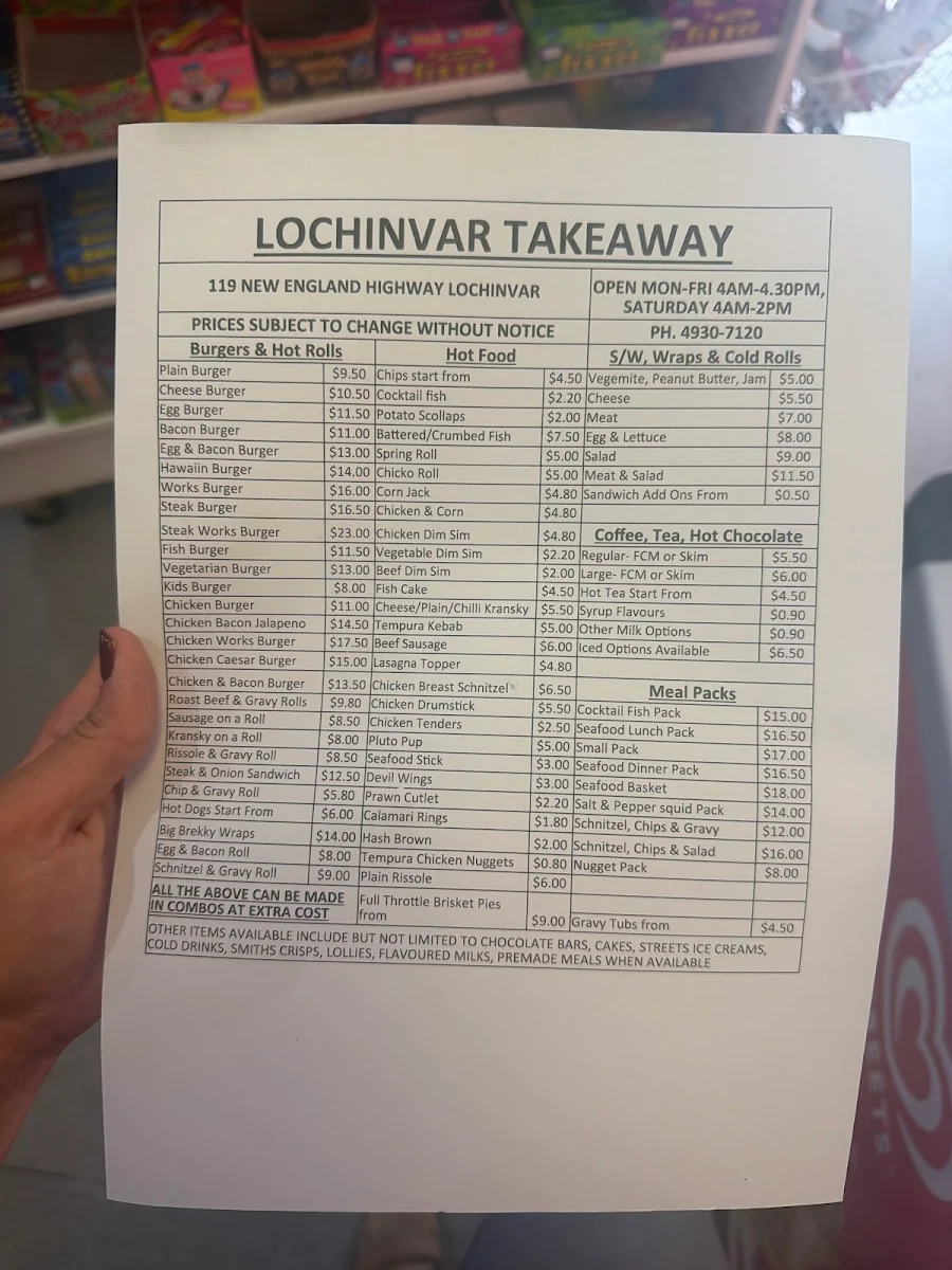 Menu, Lochinvar Takeaway