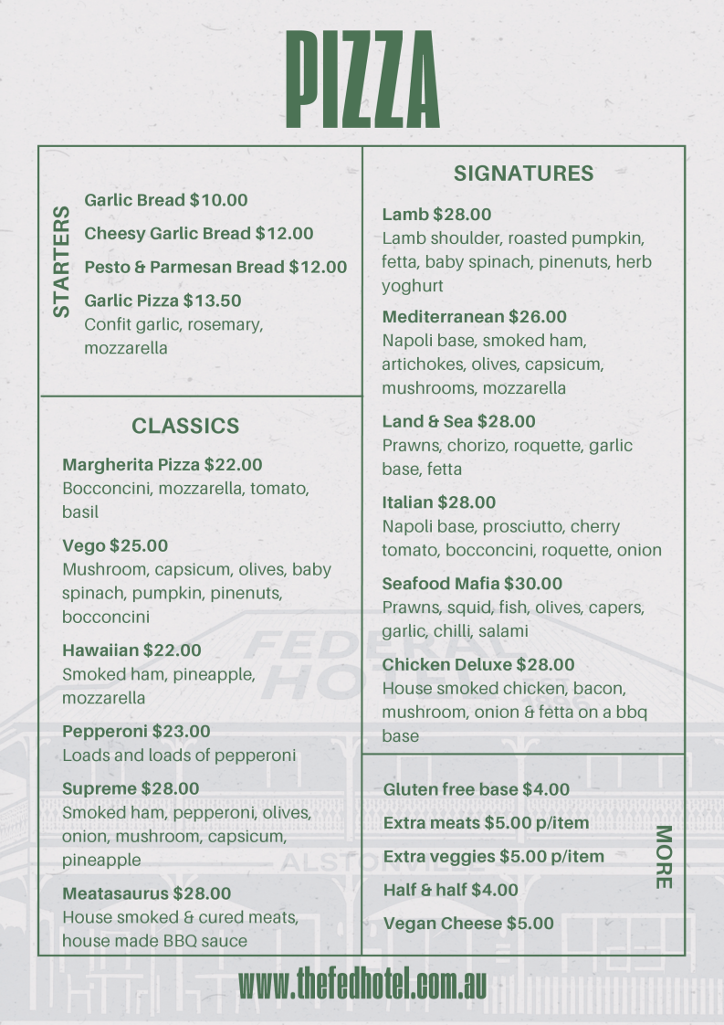 Menu, Federal Hotel