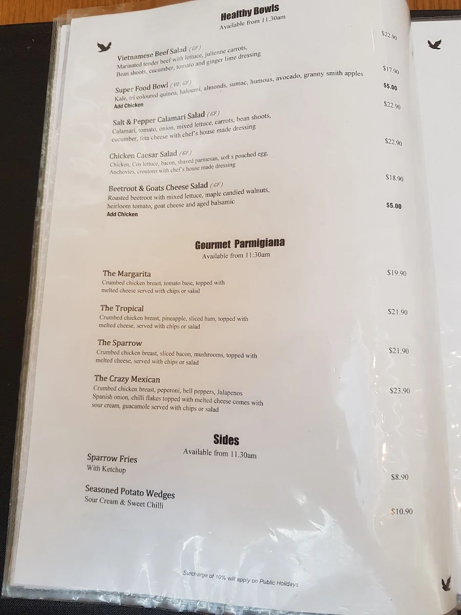Menu, Little Sparrow Melbourne