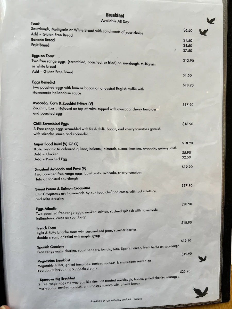 Menu, Little Sparrow Melbourne