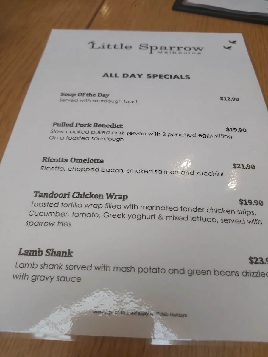 Menu, Little Sparrow Melbourne