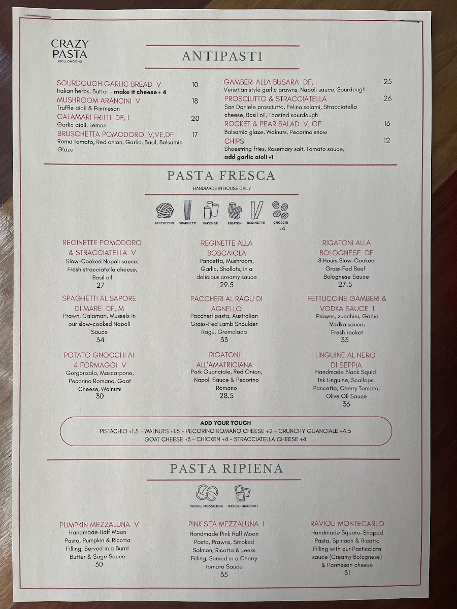 Menu, CRAZY PASTA