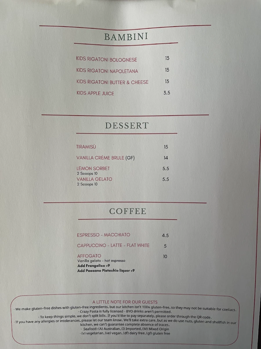 Menu, CRAZY PASTA