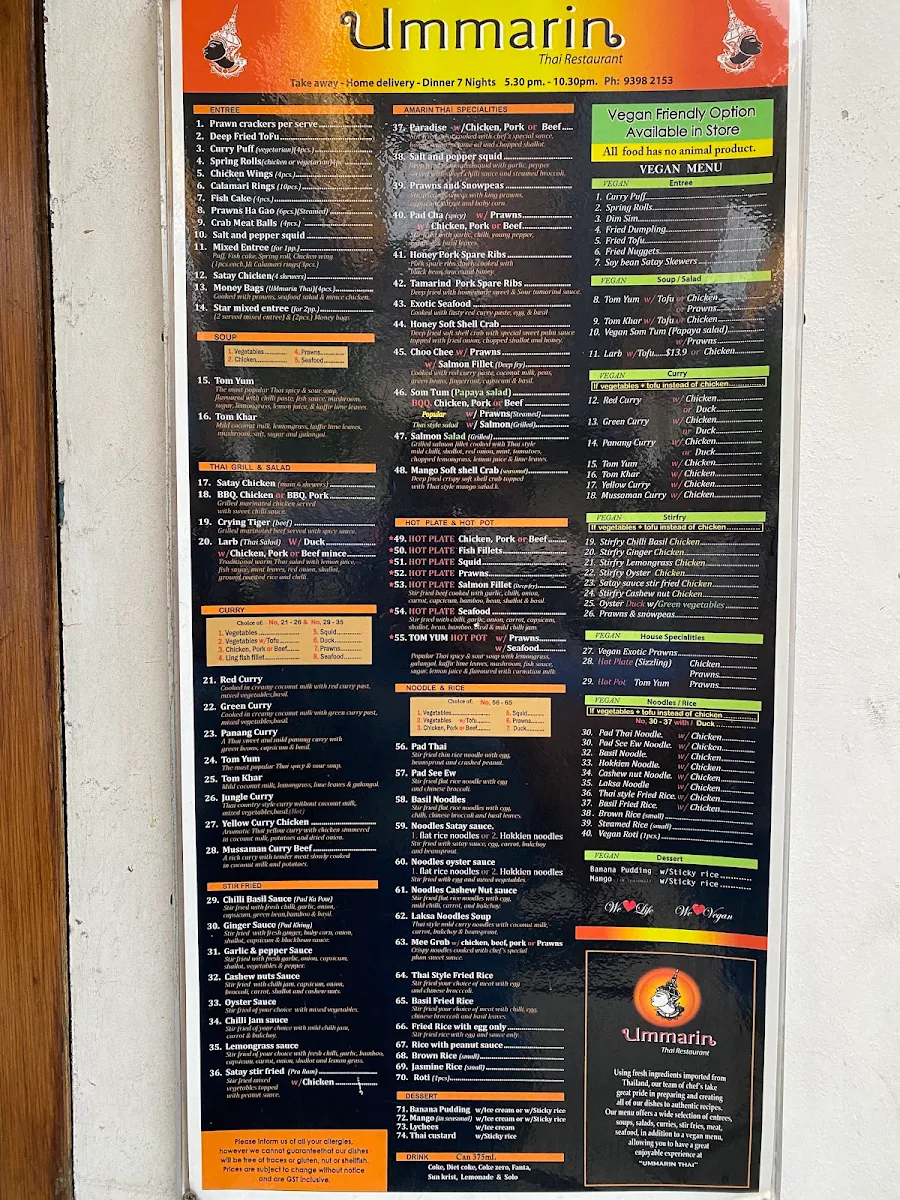 Menu, Ummarin Thai Restaurant