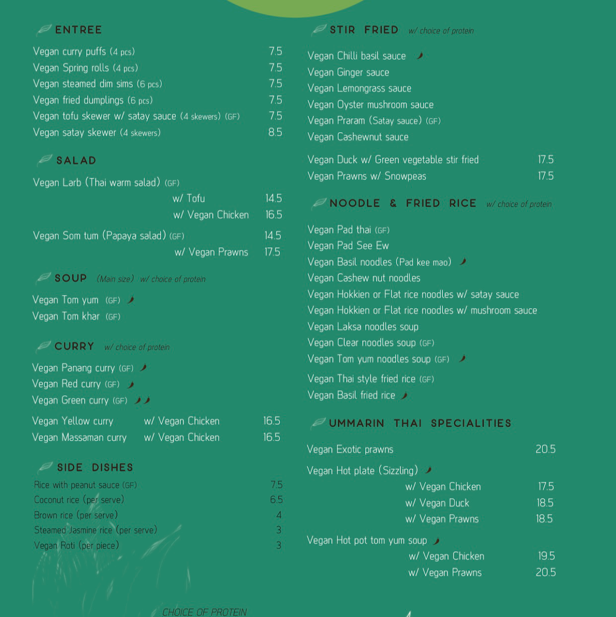 Menu, Ummarin Thai Restaurant